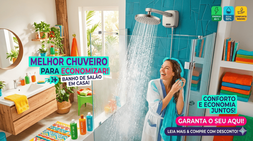 Banheiro moderno e iluminado com decoração em cores vibrantes, exibindo uma mulher sorridente tomando um banho relaxante. O destaque do ambiente é um chuveiro elétrico moderno de alta tecnologia em pleno funcionamento, liberando uma ducha de água abundante. Na imagem, há elementos gráficos coloridos que ressaltam os benefícios de economia de energia e água, além de um botão de chamada para ação indicando desconto de afiliado.